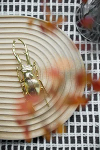 A gold beetle statue placed on a wooden plate, with a glass vase in the background.