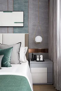 Modern bedroom with white textiles and wooden accents, featuring a textured cotton headboard and a wooden bedside cabinet wit