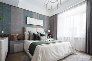 Modern bedroom featuring a green upholstered headboard.