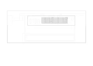 A wireframe representation of a modern architectural floor plan.