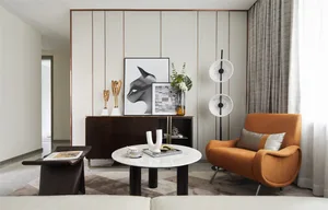 Modern living room with concrete walls, orange armchair, and abstract art.