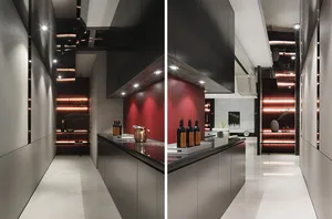 Modern minimalist kitchen with black and red accents featuring sleek metallic cabinets, glass countertops, and contemporary l