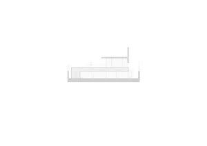 Schematic 2D architectural drawing of a modern residential interior featuring concrete and glass elements.