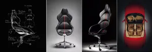 A sleek black office chair with red stitching on a white background.