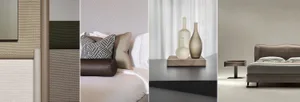 Modern bedroom featuring a bed adorned with various textiles including a black and white geometric-patterned pillow, a brown 