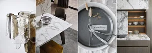 Modern dining room with marble table, chairs, and flooring, featuring decorative elements such as dried grasses and a placeca