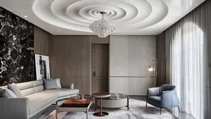 A modern living room featuring marble and leather elements.