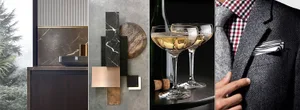 Modern interior with a wine bar featuring marble countertops and contemporary decor.