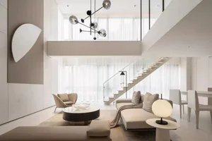 Modern minimalist living room with a neutral color palette, featuring contemporary furniture and minimal decorative elements.