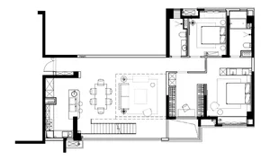 A detailed 2D architectural drawing of a modern apartment layout, showing various functional zones and furniture placement.