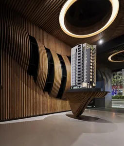 Modern office interior featuring wood and concrete elements.