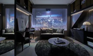 A well-designed modern apartment living room with a city view.