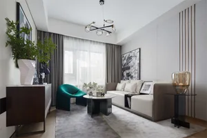 A modern minimalist living room featuring a white couch with white and green pillows, a round coffee table, and a floor-to-ce