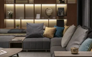 Modern living room with a gray sofa, decorative pillows, and coffee table.