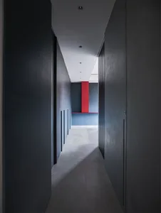 A minimalist corridor with a dark wood floor and concrete walls.