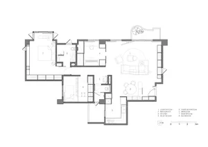 Modern apartment floor plan showing living room, bedrooms, and bathrooms.