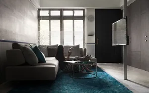 A modern living room with concrete walls, wooden furniture, and a blue rug.