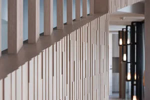 Modern interior design featuring wooden paneling.