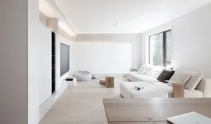 White minimalist living room with a modern sofa, concrete floor, and large windows.