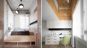 A modern minimalist bedroom with wooden elements and a white bed.