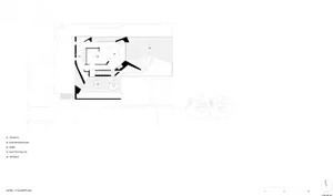 A black and white architectural floor plan of a modern residential space, featuring the layout of rooms and spaces.