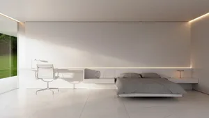 Modern minimalist bedroom featuring a white concrete floor, a sleek glass wall, and a clean, contemporary design.