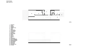 A technical drawing of the floor plan of a residential building, showing rooms, amenities, and structural layout.