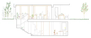 A detailed architectural cross-section of a modern house interior showcasing minimalistic design elements, open layout, and n