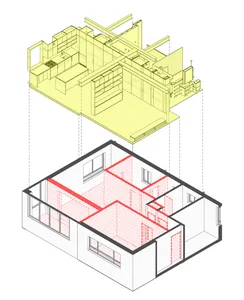 An isometric architectural drawing of a modern residential kitchen with wooden fixtures and flooring.