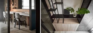A minimalistic home office with a sleek desk, black metal shelving, and wooden elements, featuring exposed concrete walls and