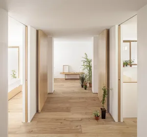 A minimalist residential interior featuring wood flooring and accents.