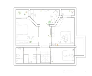 Modern residential floor plan highlighting mixed materials including wood, carpet, and plaster walls.