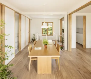 Modern living and dining room with wooden floor, plants, and minimalist furniture.