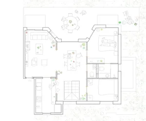 Floor plan of a modern residential apartment with living room, dining area, kitchen, bedrooms, and outdoor seating area.