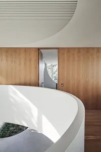 A modern interior design featuring minimalist concrete and wood elements.