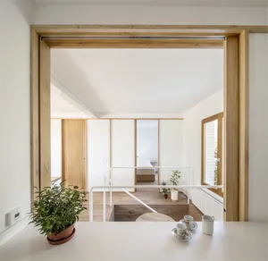 A modern, minimalist residential space featuring white walls, wooden flooring, and a small plant on a countertop.