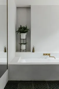 Modern, white bathroom with concrete bathtub and plant stand.