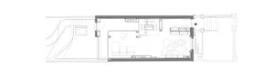 Modern apartment interior design layout, featuring black and white color scheme with concrete and metal materials.
