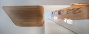 A modern interior corridor with wooden paneling and light streaming in from windows.