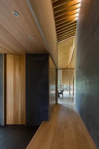 A modern residential corridor featuring wood flooring and concrete walls.