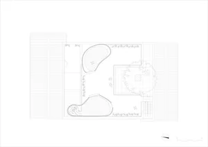 An overhead architectural drawing of a modern outdoor space featuring concrete and trees.