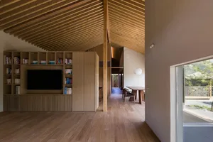 Modern interior design featuring wooden living room with bookshelf and dining area.