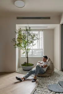 A serene modern living room featuring a bonsai tree in a moss-filled pot, pebbles on the floor, and a man sitting on a cushio