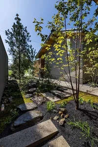 A modern residential exterior featuring concrete and wood materials, with greenery and steps leading to a house.