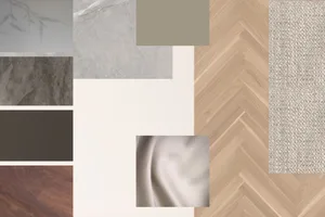 A collage of neutral-colored materials and textures, including concrete, wood, and fabrics, arranged in a visually appealing 