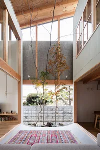 A living room with a modern design featuring an indoor garden, incorporating wooden beams and a multi-level space.