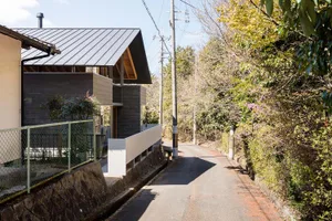 A modern minimalist home with a dark metal roof and concrete walls.