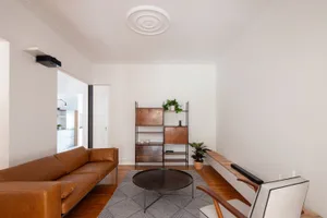 A minimalist living room featuring a brown leather couch and a wooden shelf with green plants.
