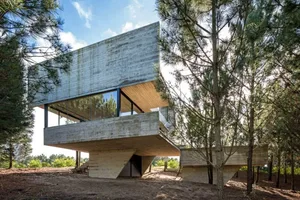 Modern house with concrete exterior and large glass windows surrounded by trees.