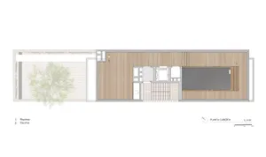 Simplified architectural floor plan of a modern building featuring a wooden floor.